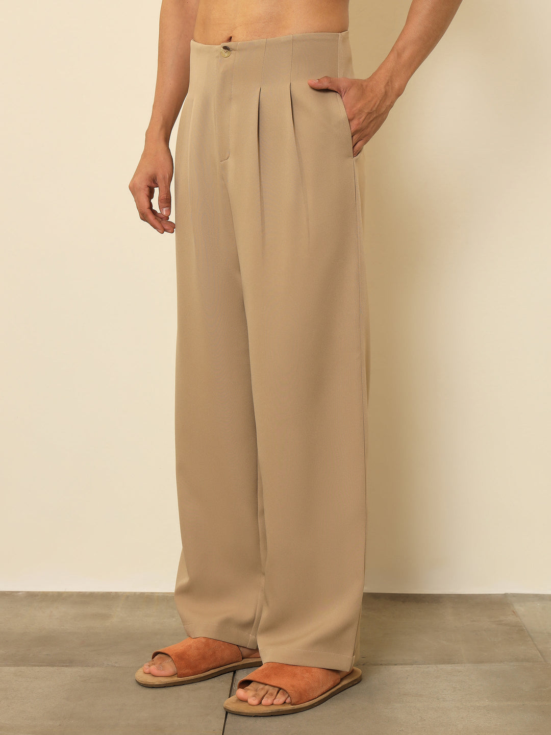 Men Beige Dual-Dart No-waistband High-Waist Korean Pants