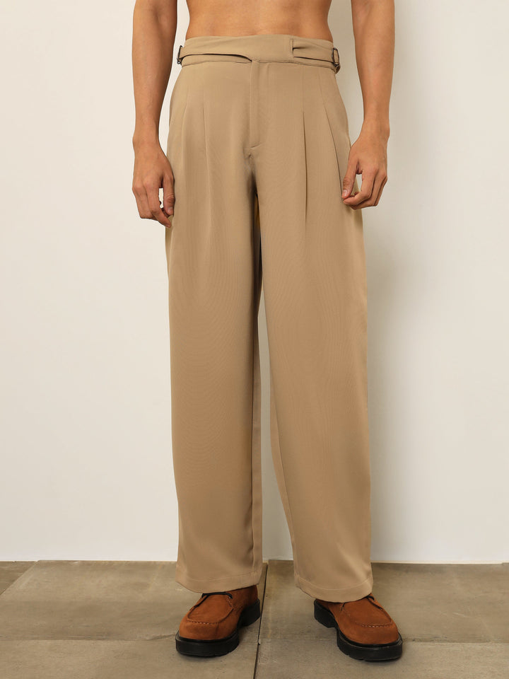 Men Beige Double Waist Adjuster Korean Pants