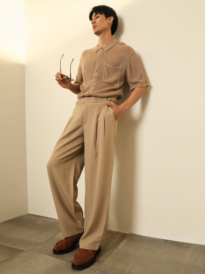 Men Beige Double Waist Adjuster Korean Pants