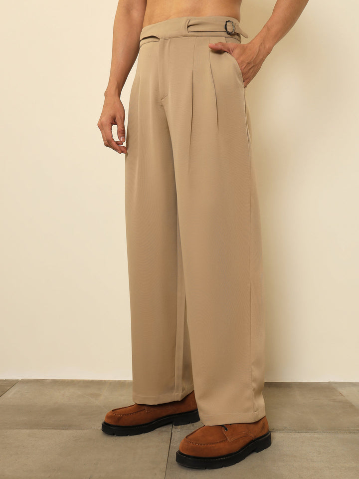Men Beige Double Waist Adjuster Korean Pants