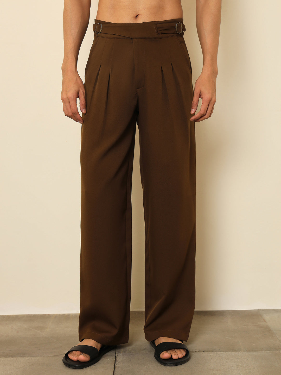 Men Tan Brown Double Waist Adjuster Korean Pants