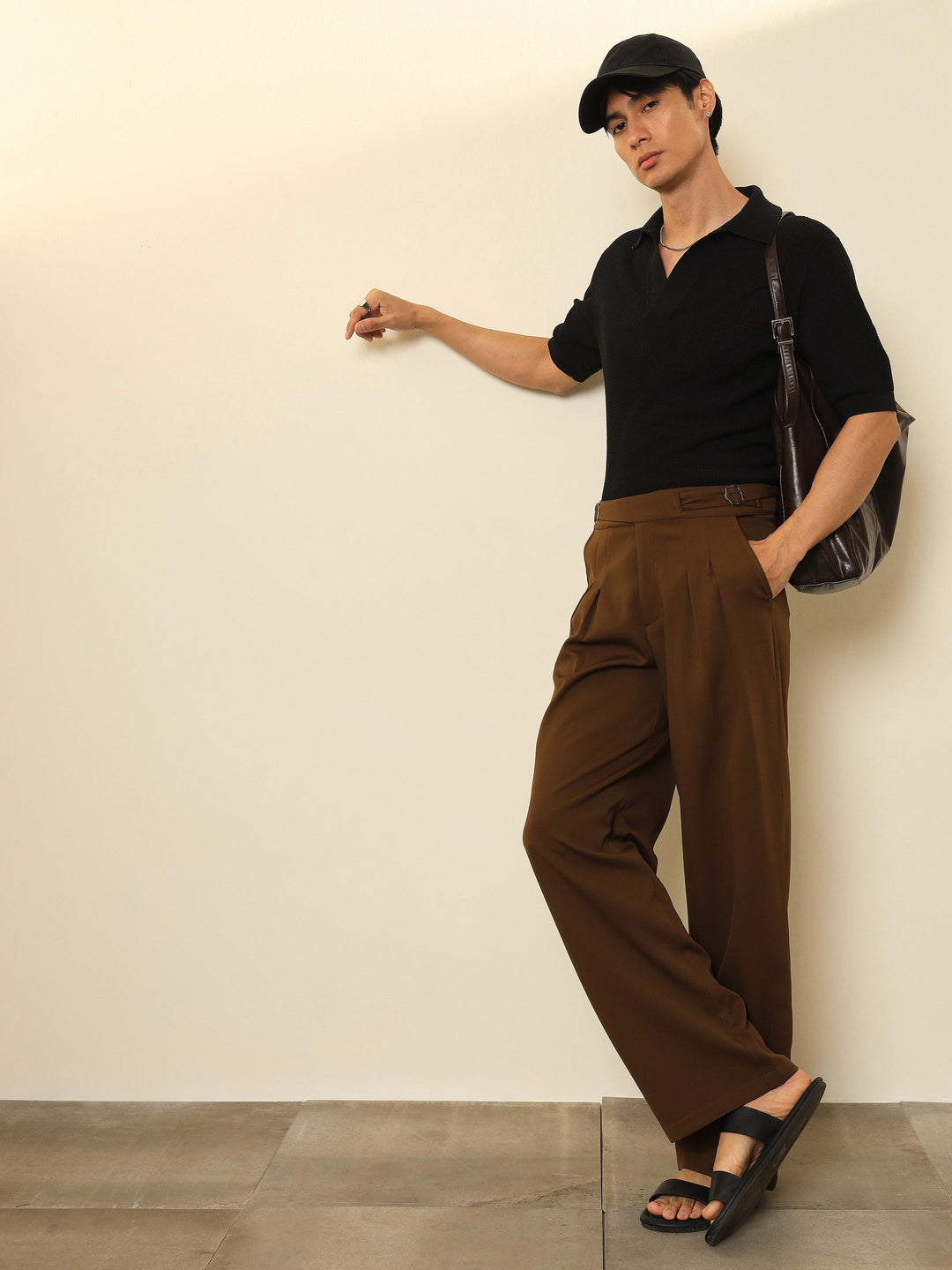 Men Tan Brown Double Waist Adjuster Korean Pants