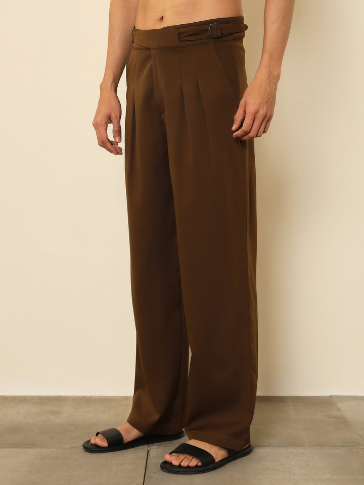 Men Tan Brown Double Waist Adjuster Korean Pants