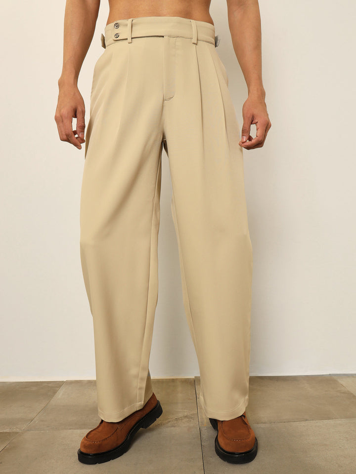 Men Beige Front Pleated Gurkha Trousers