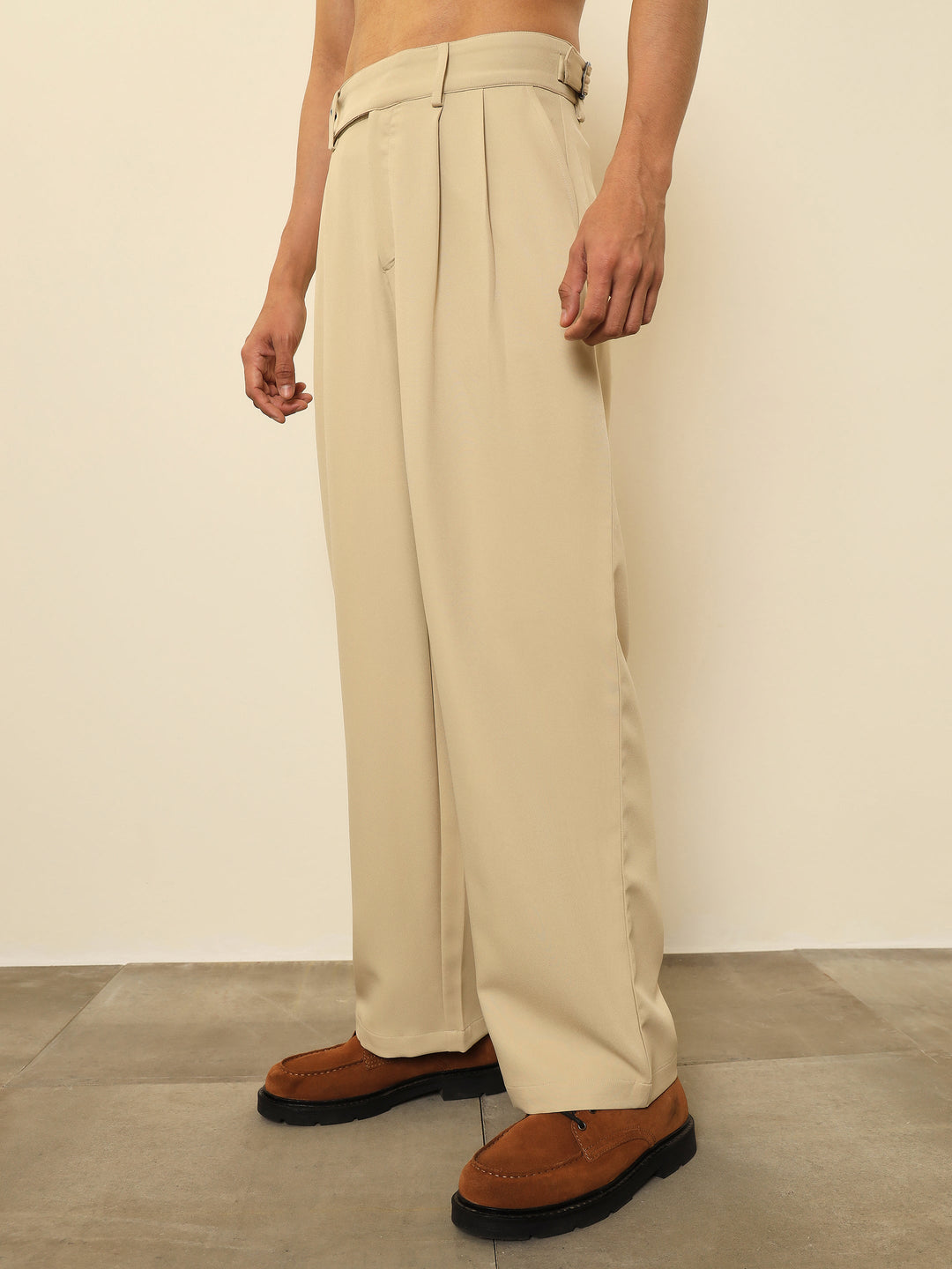 Men Beige Front Pleated Gurkha Trousers
