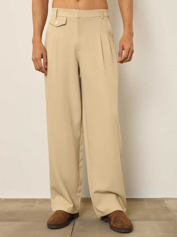 Men Light Beige Mock-Flap Pocket Pleated Korean Pants