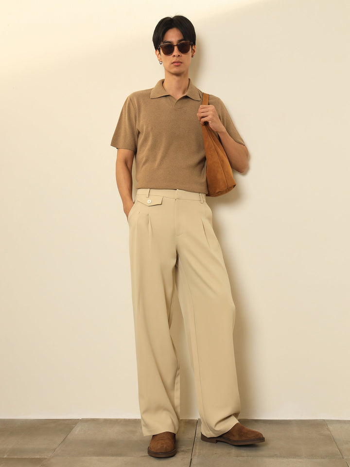 Men Light Beige Mock-Flap Pocket Pleated Korean Pants