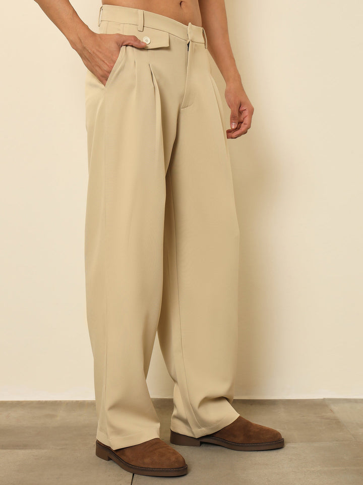 Men Light Beige Mock-Flap Pocket Pleated Korean Pants