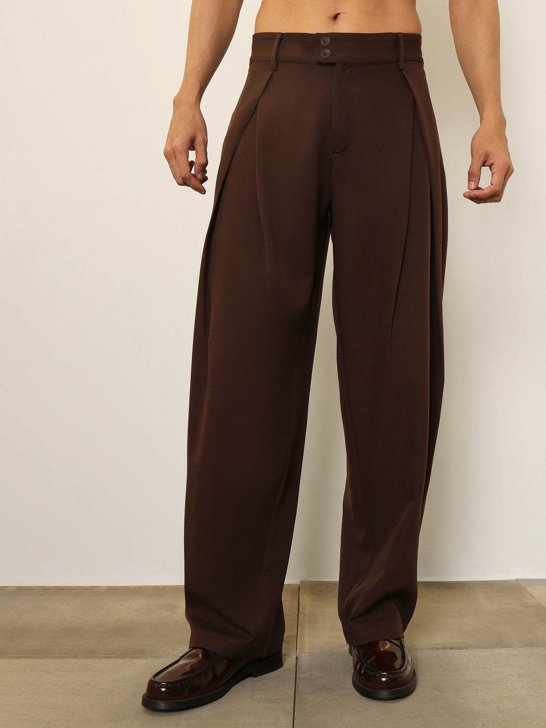 Men Dark Brown Overlapping Pleates Korean Pants