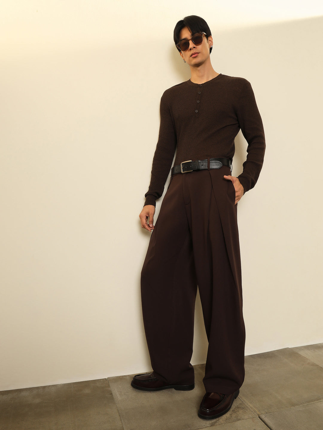 Men Dark Brown Overlapping Pleates Korean Pants