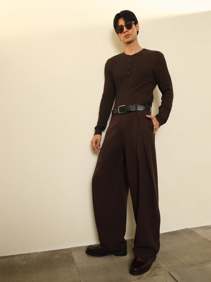 Men Dark Brown Overlapping Pleates Korean Pants