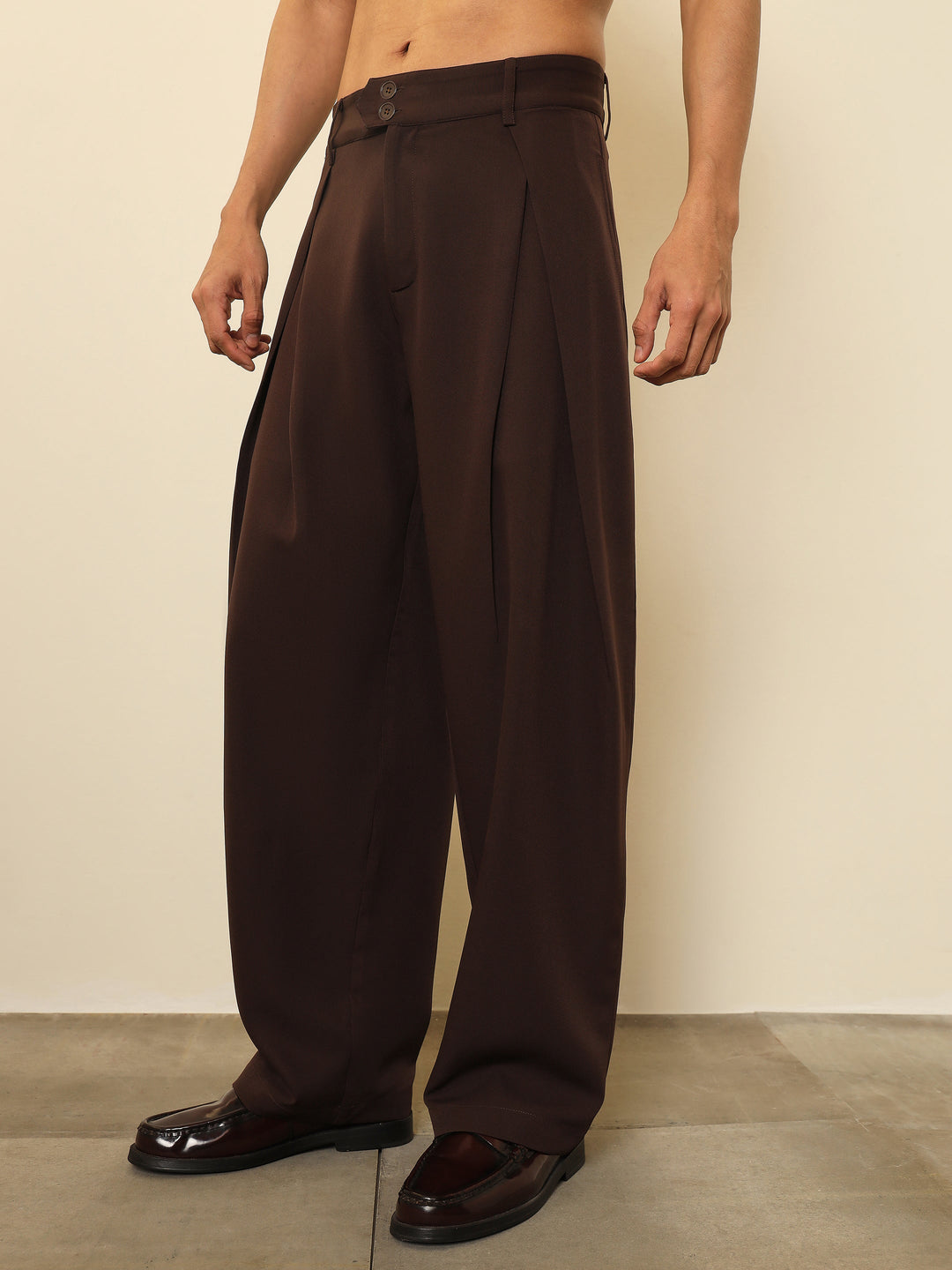 Men Dark Brown Overlapping Pleates Korean Pants