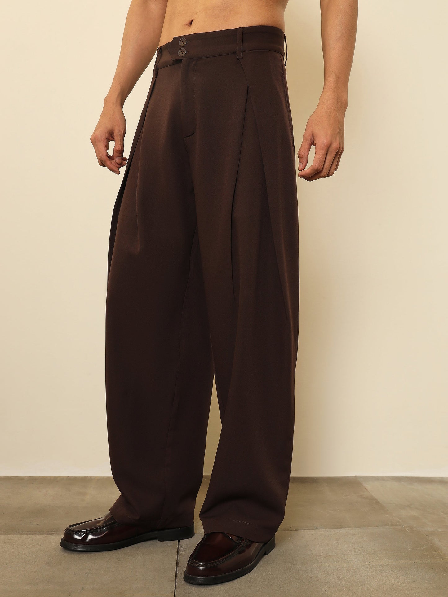 Men Dark Brown Overlapping Pleates Korean Pants