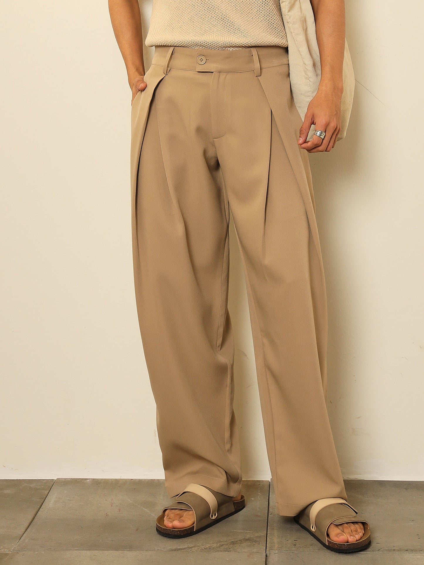 Men Beige Overlapping Pleates Korean Pants