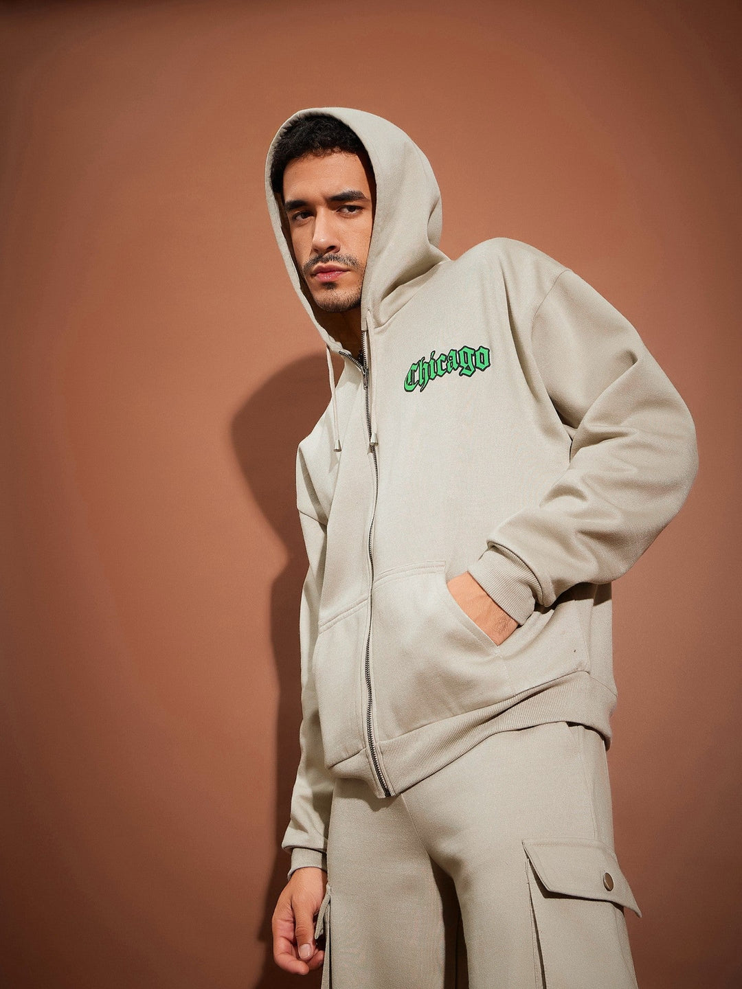 Men Taupe Chicago Oversized Zipper Hoodie Sweatshirt With Joggers