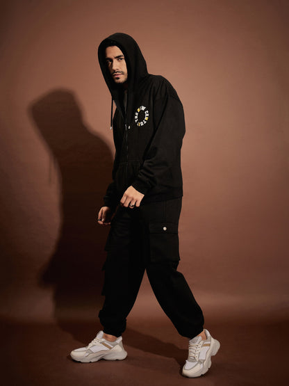 Men Black Century Oversized Zipper Hoodie With Joggers