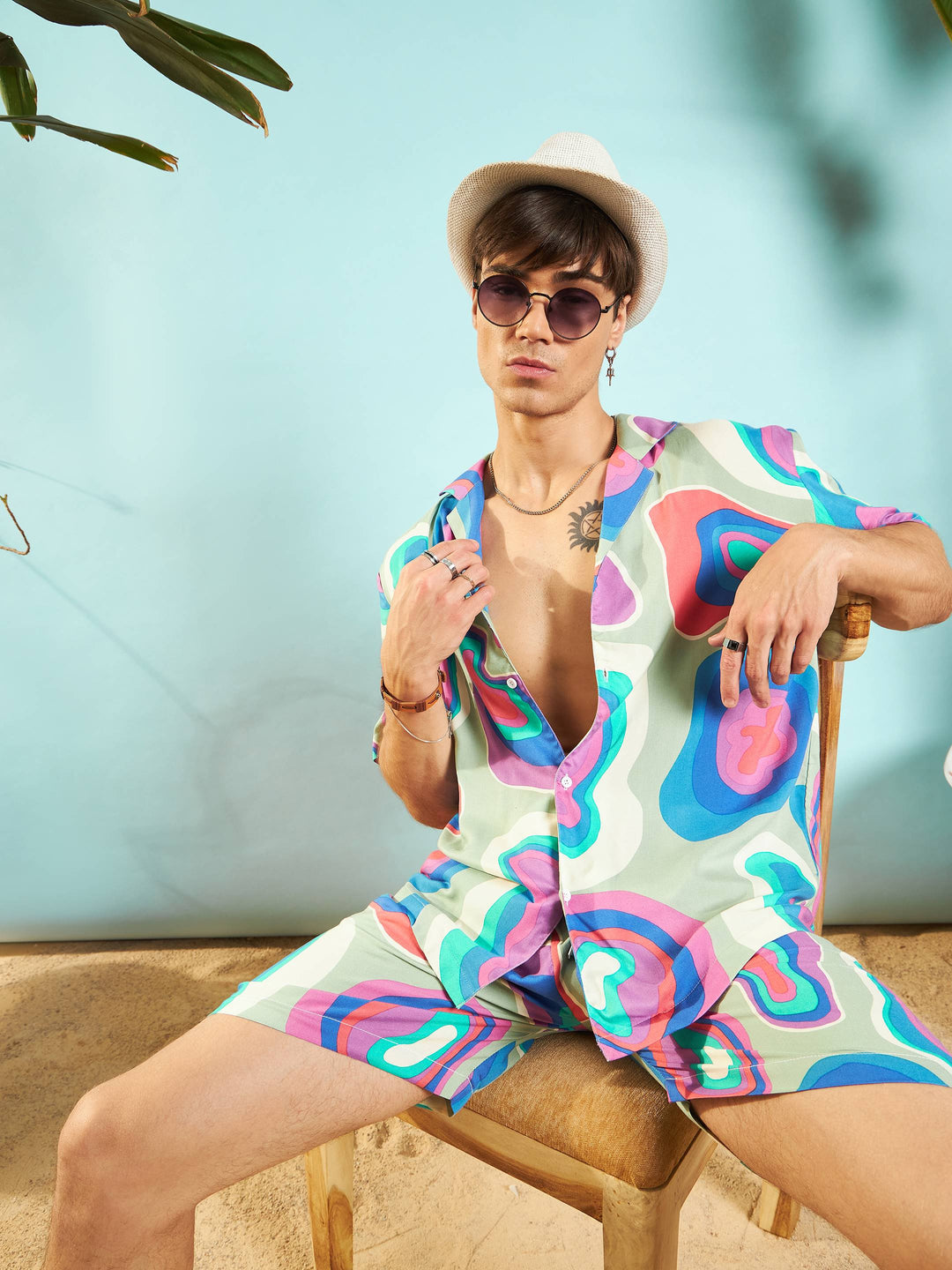Men Grey &amp; Blue Abstract Shirt With Shorts