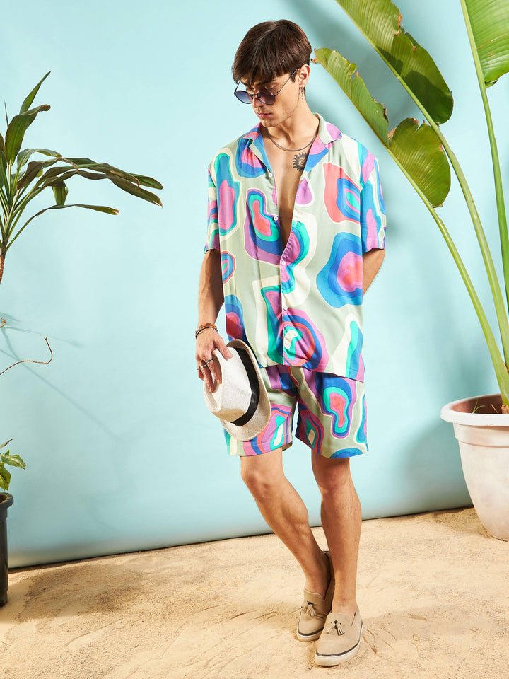 Men Grey &amp; Blue Abstract Shirt With Shorts