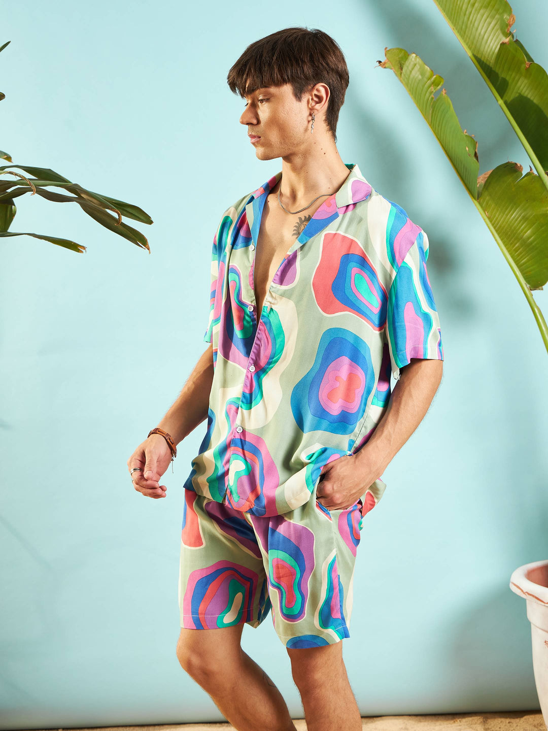 Men Grey &amp; Blue Abstract Shirt With Shorts