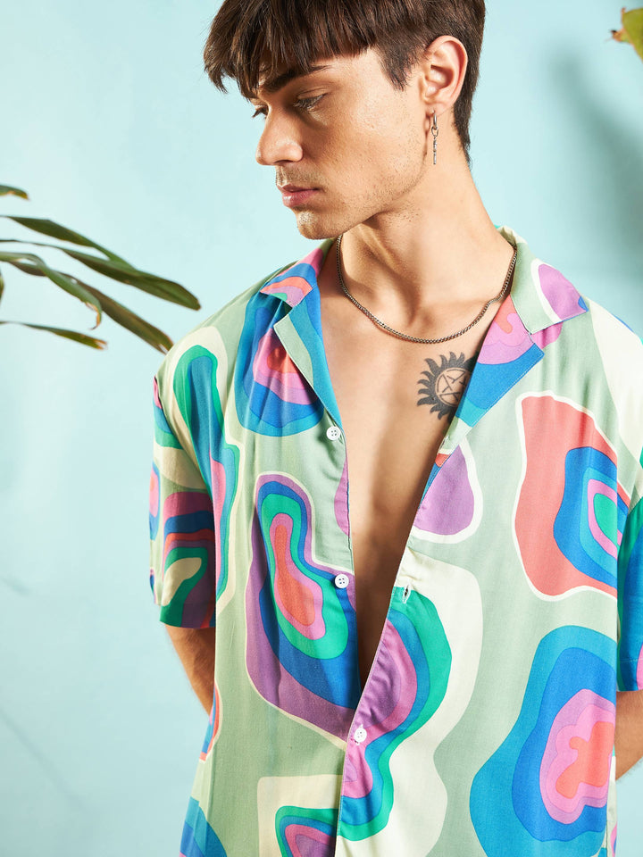 Men Grey &amp; Blue Abstract Shirt With Shorts