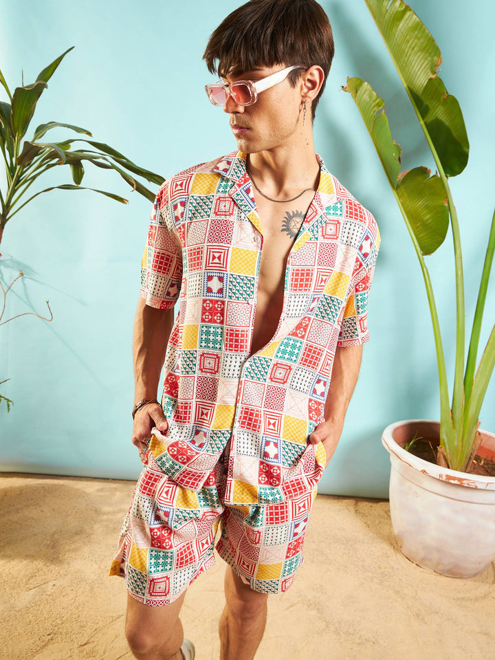 Men White &amp; Red Conversational Shirt With Shorts