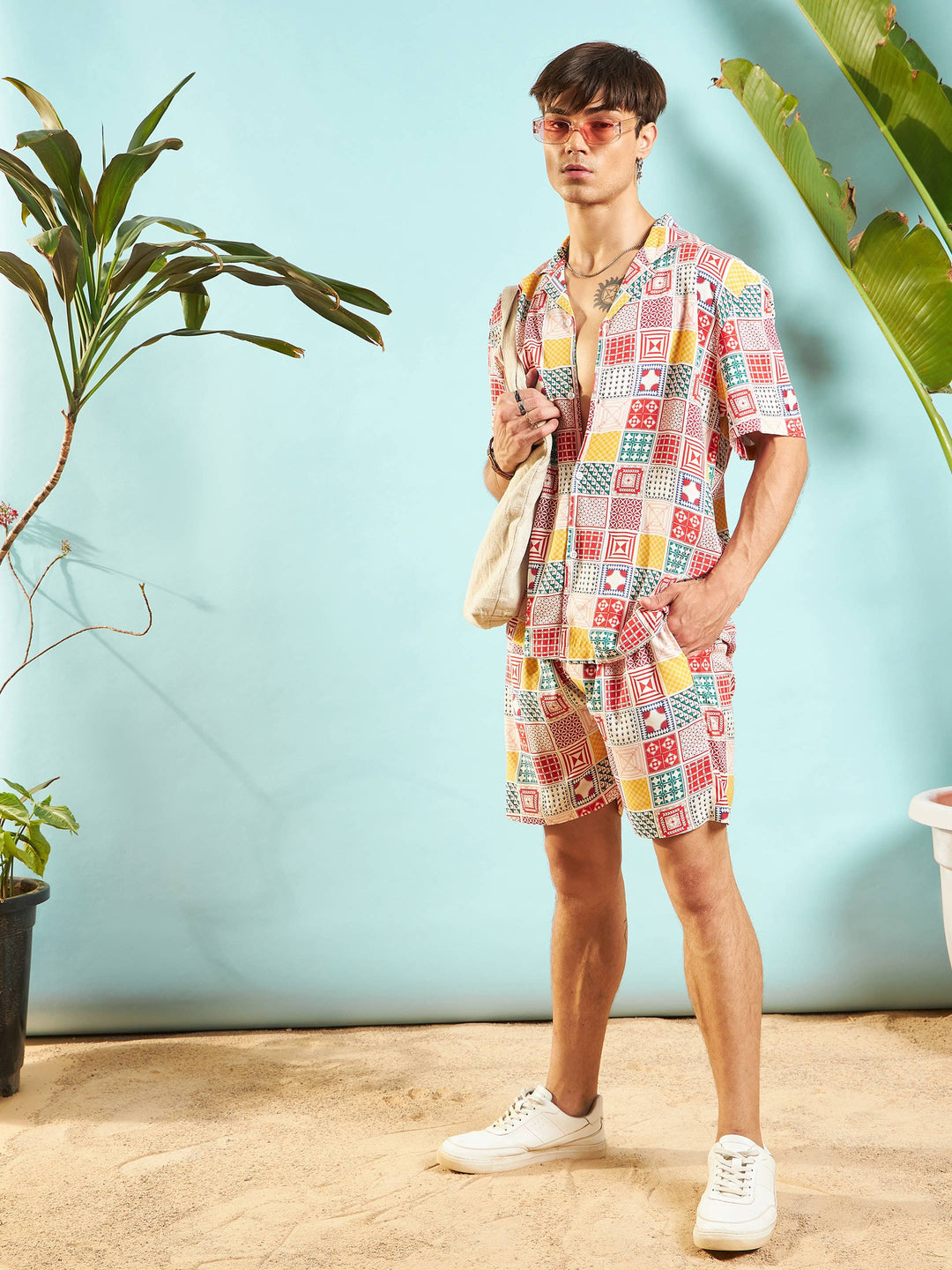 Men White &amp; Red Conversational Shirt With Shorts