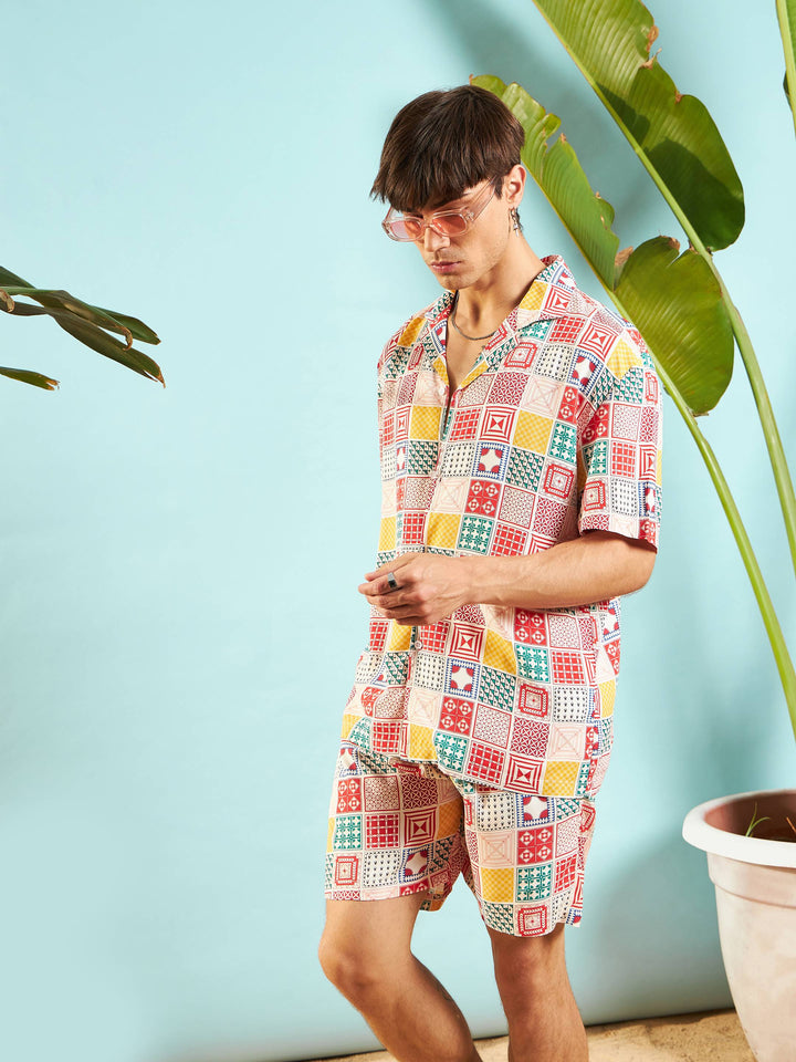 Men White &amp; Red Conversational Shirt With Shorts