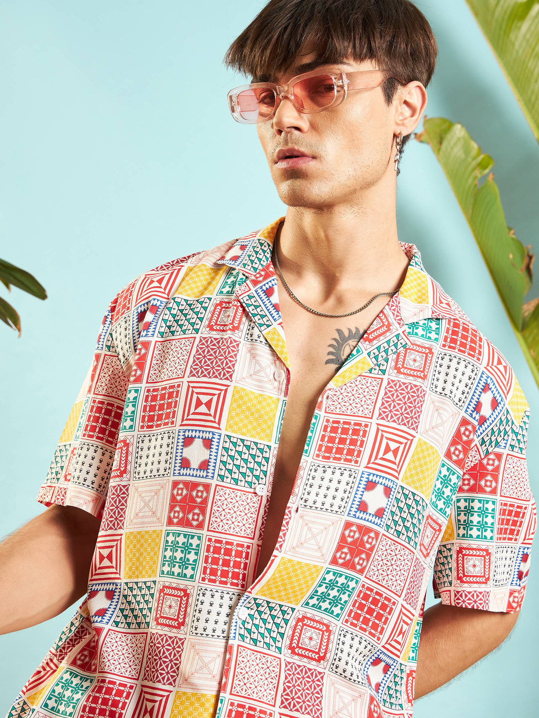 Men White &amp; Red Conversational Shirt With Shorts