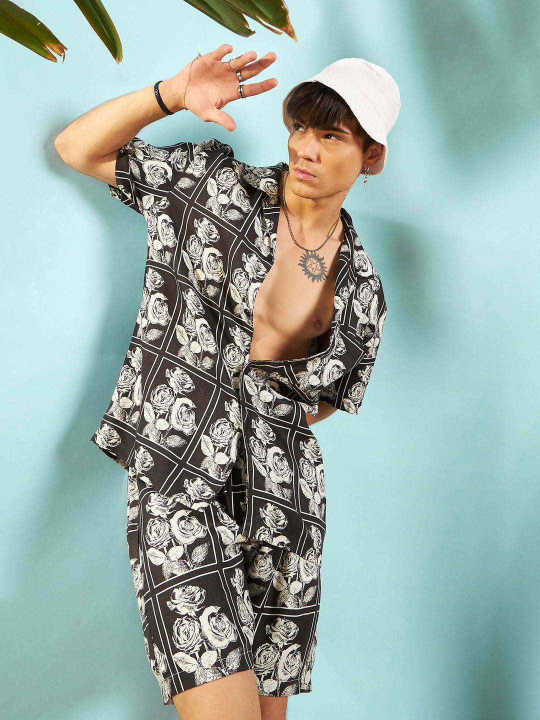Men White &amp; Black Floral Shirt With Shorts