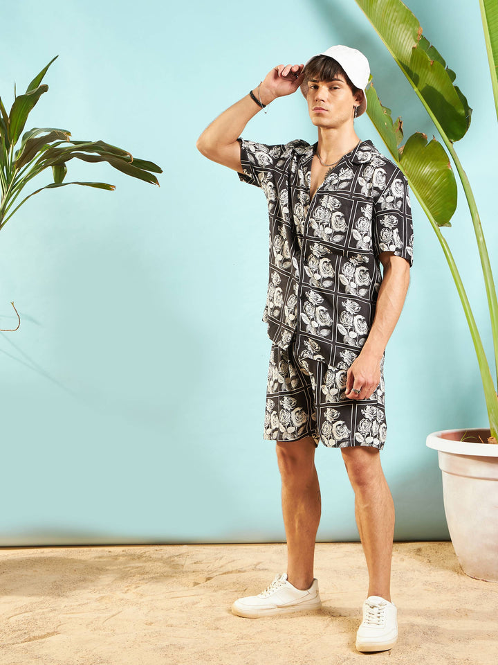 Men White &amp; Black Floral Shirt With Shorts