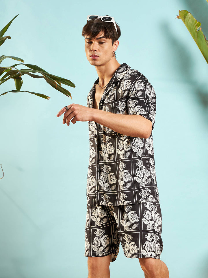 Men White &amp; Black Floral Shirt With Shorts