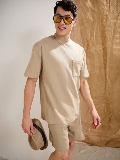 Men Olive Waffle Front Pocket Oversize T-Shirt With Shorts
