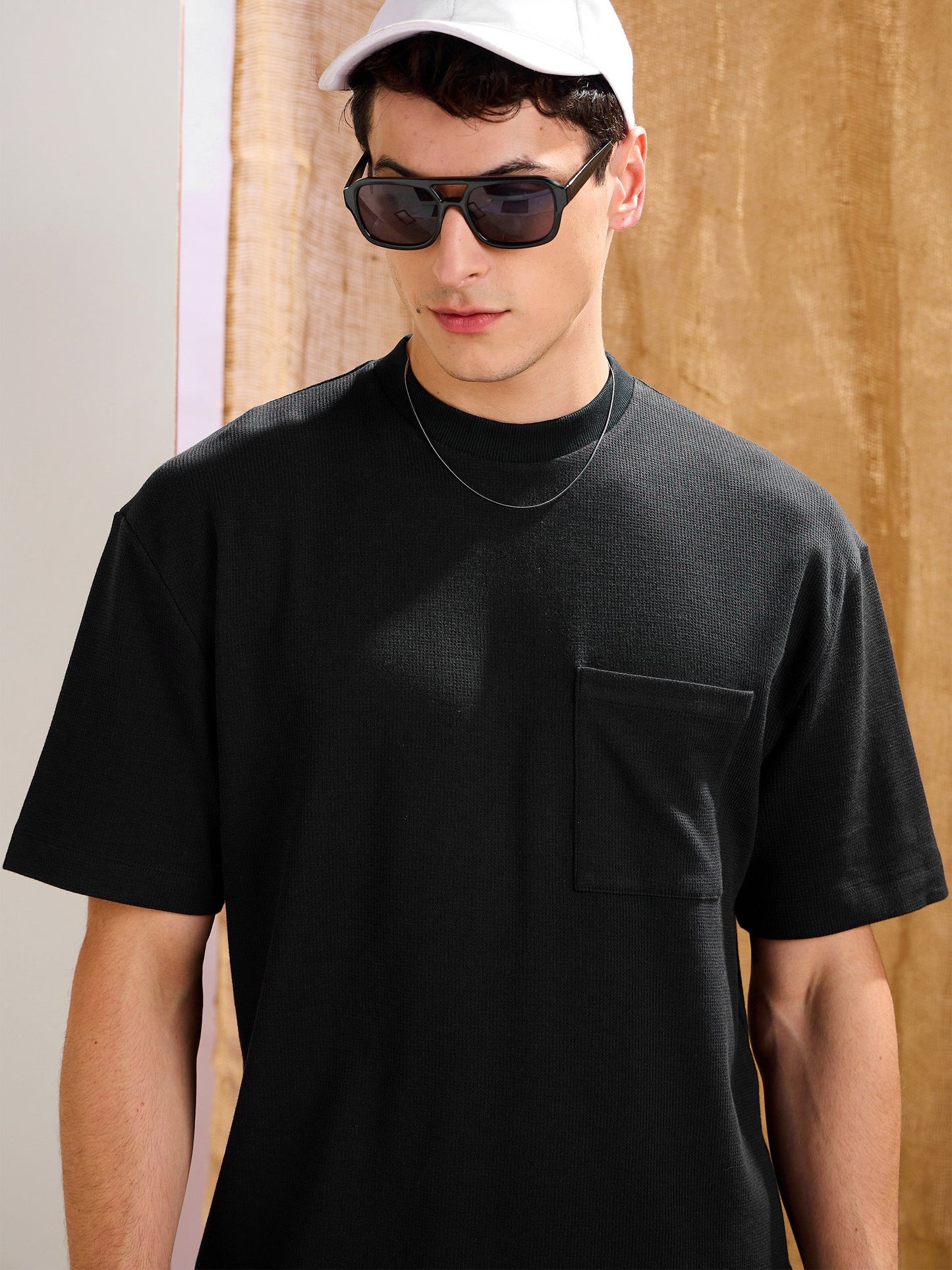 Men Black Waffle Front Pocket Oversize T-Shirt With Shorts