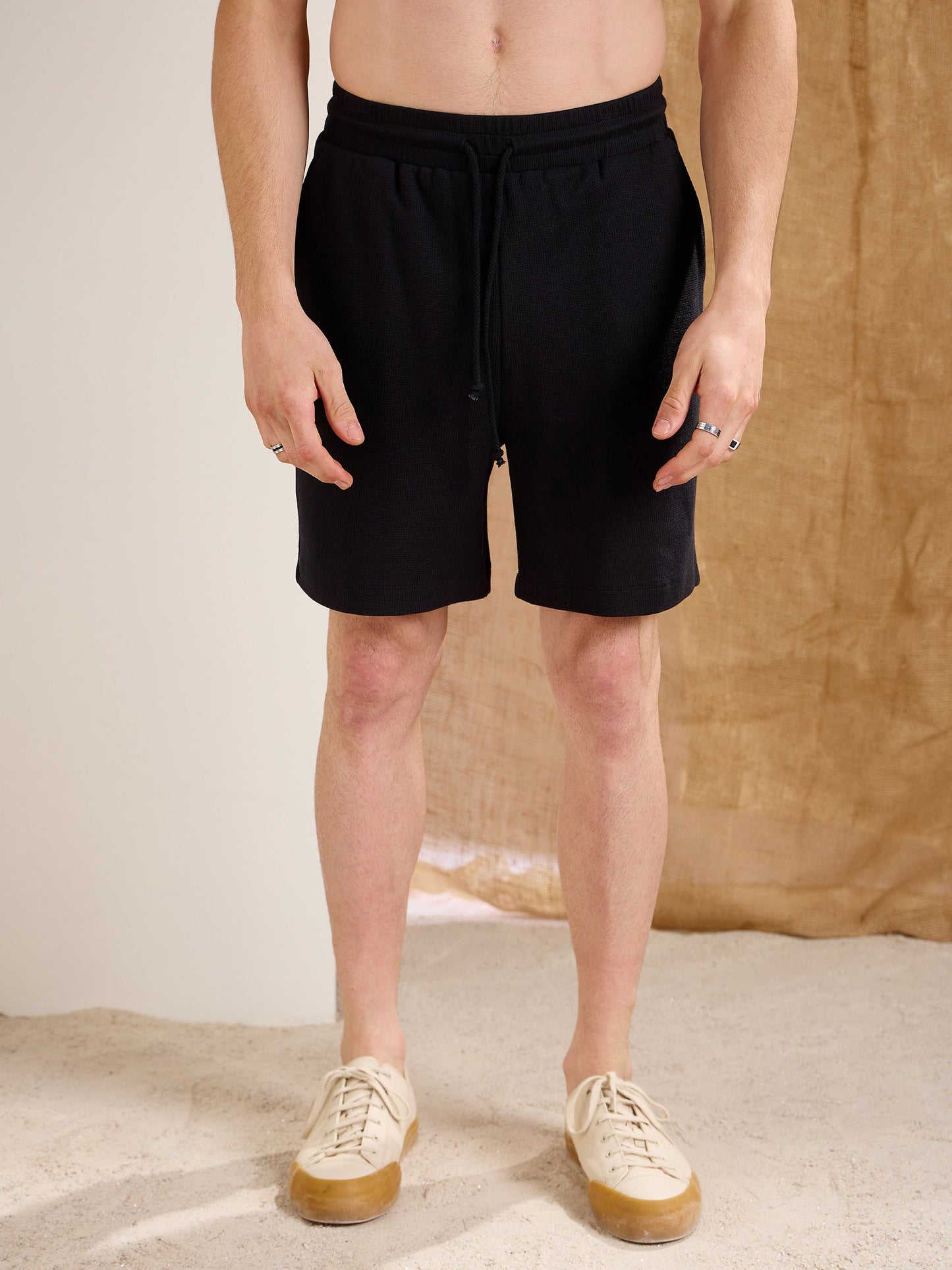 Men Black Waffle Front Pocket Oversize T-Shirt With Shorts