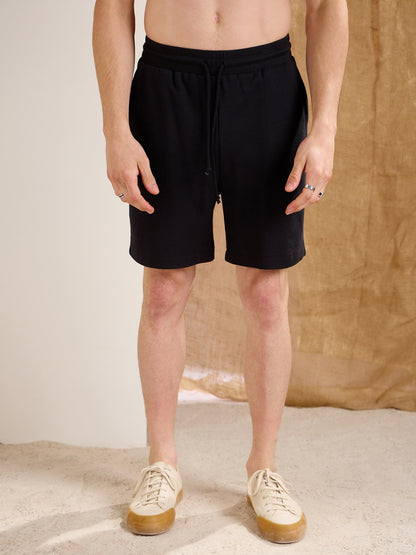 Men Black Waffle Front Pocket Oversize T-Shirt With Shorts
