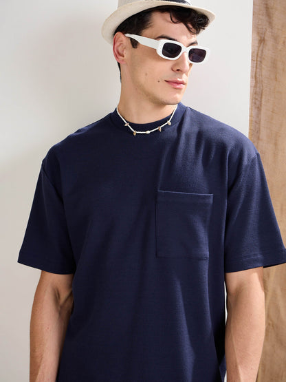Men Navy Waffle Front Pocket Oversize T-Shirt With Shorts