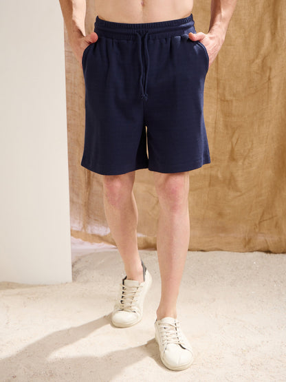 Men Navy Waffle Front Pocket Oversize T-Shirt With Shorts