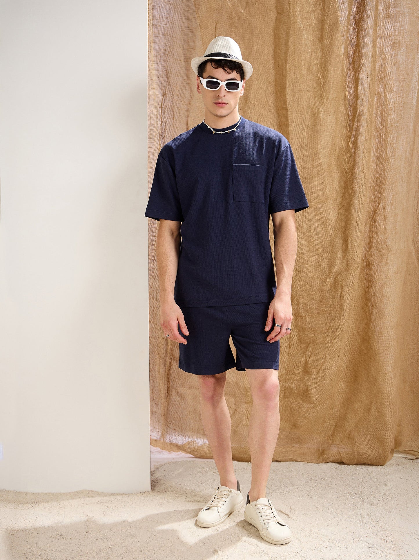 Men Navy Waffle Front Pocket Oversize T-Shirt With Shorts