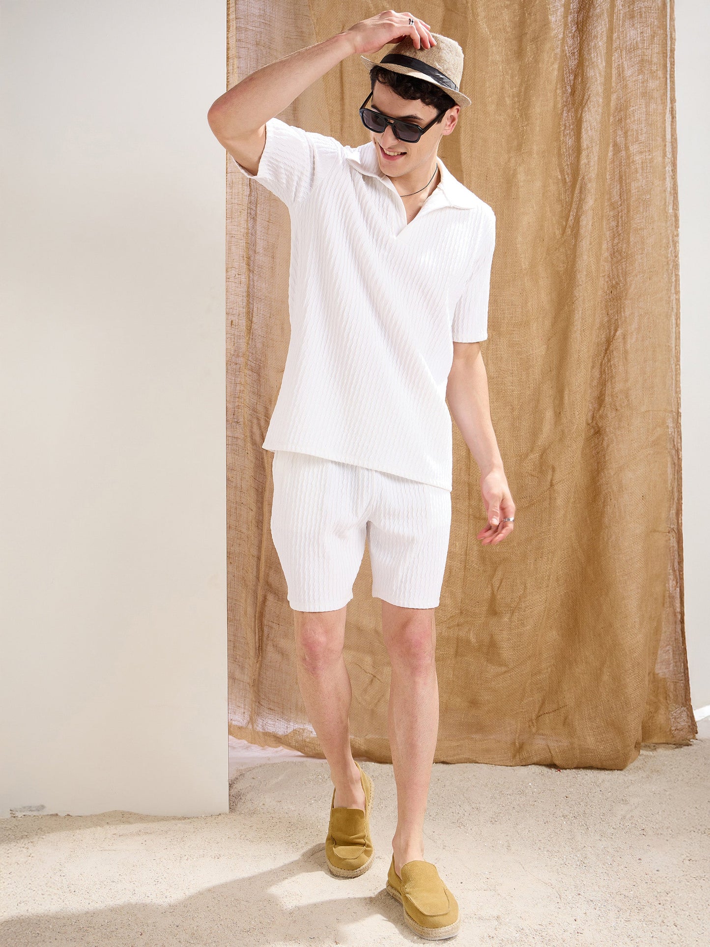 Men White Textured Relax Fit Polo T-Shirt With Shorts