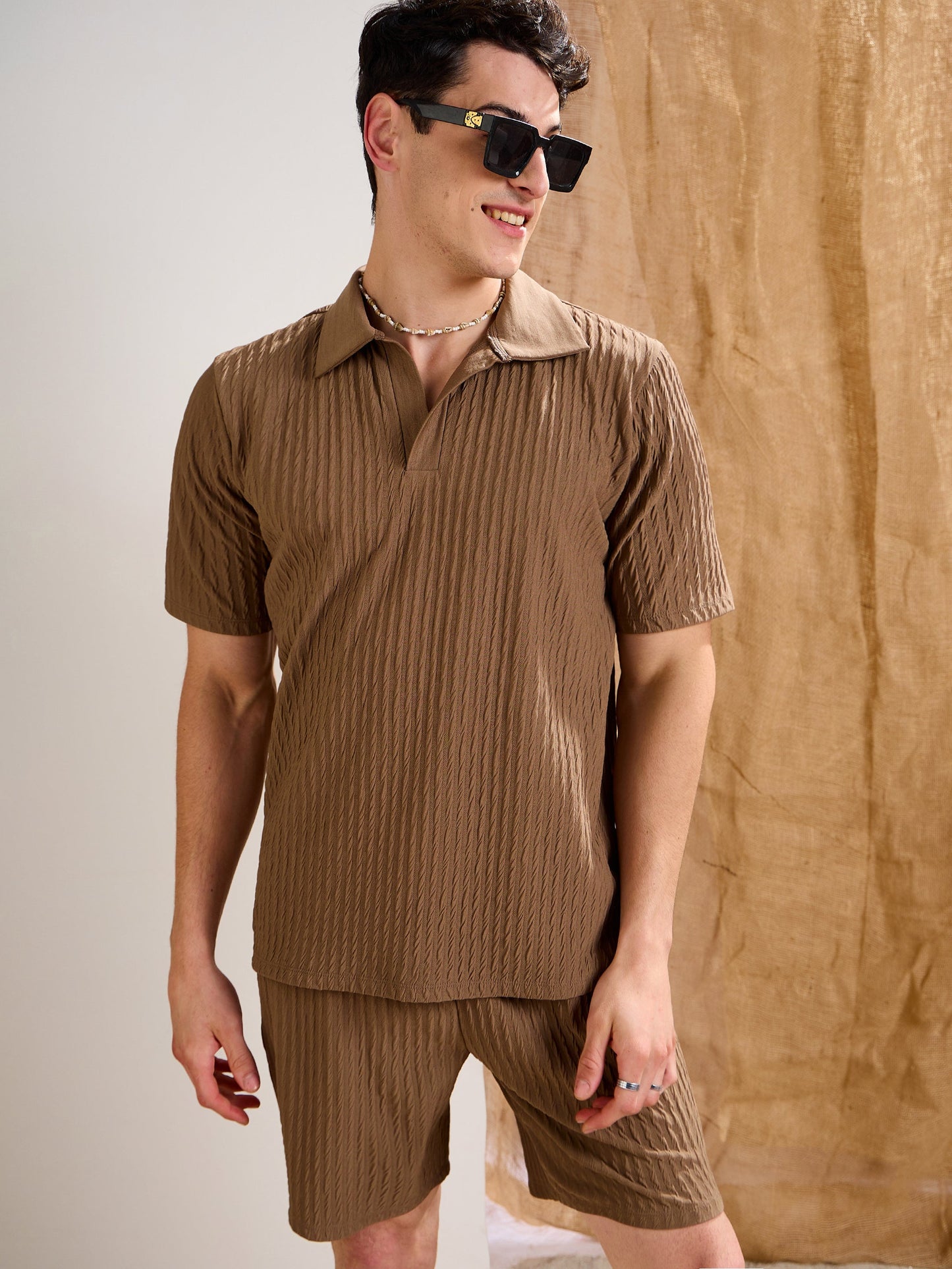 Men Beige Textured Relax Fit Polo T-Shirt With Shorts
