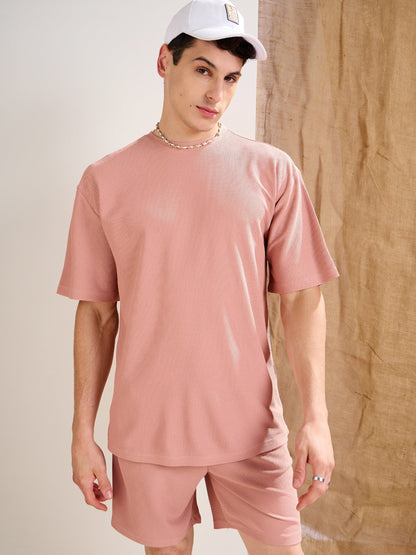 Men Pink Waffle Oversize T-Shirt With Shorts