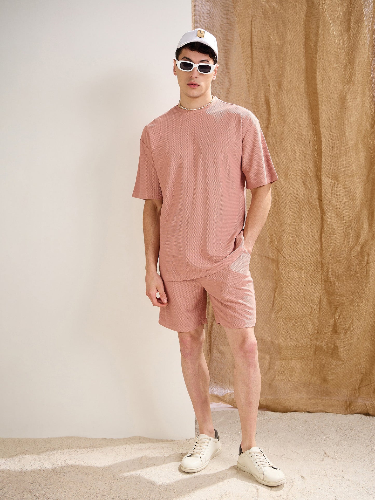 Men Pink Waffle Oversize T-Shirt With Shorts