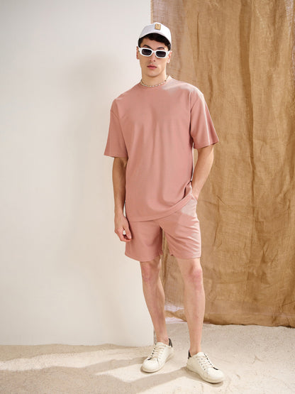 Men Pink Waffle Oversize T-Shirt With Shorts