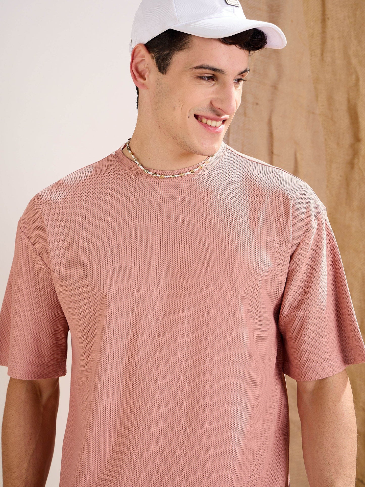 Men Pink Waffle Oversize T-Shirt With Shorts