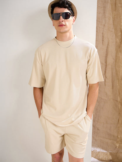 Men Beige Waffle Oversize T-Shirt With Shorts