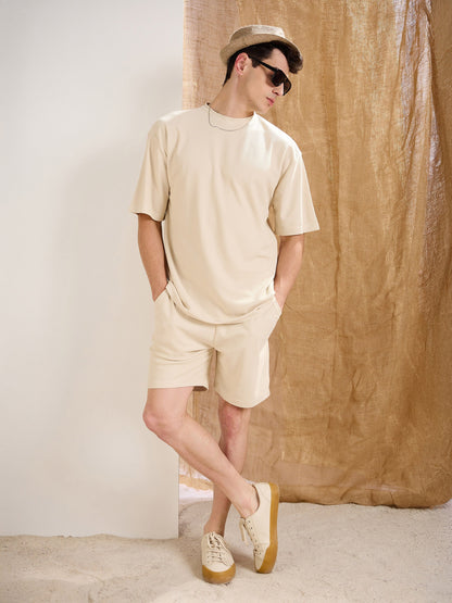 Men Beige Waffle Oversize T-Shirt With Shorts