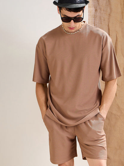 Men Brown Waffle Oversize T-Shirt With Shorts