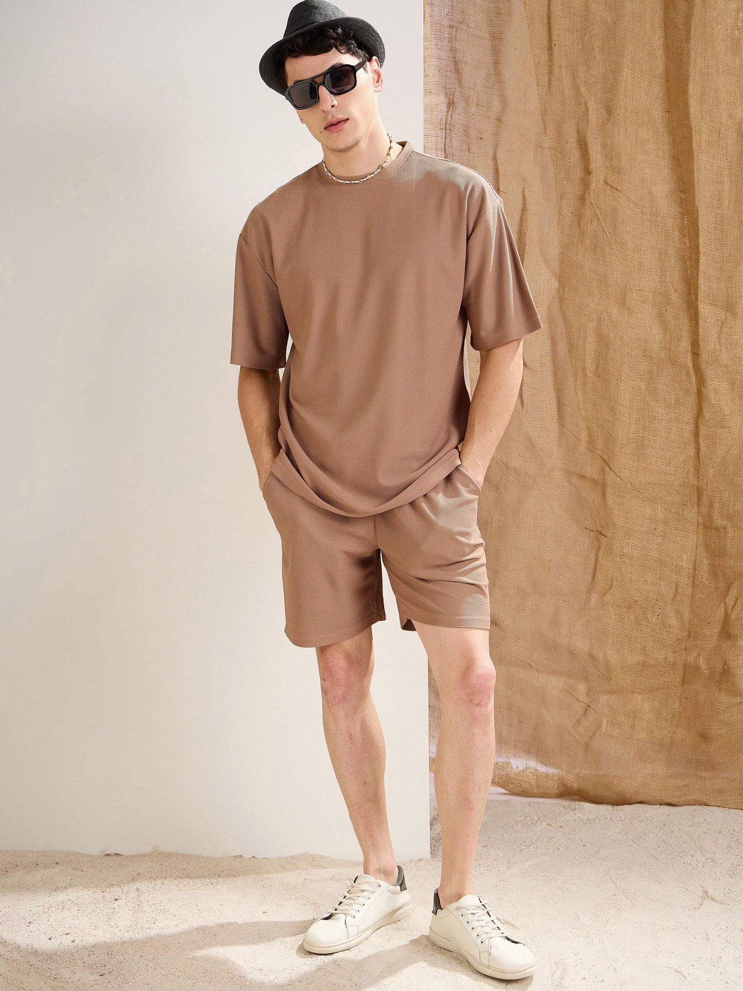 Men Brown Waffle Oversize T-Shirt With Shorts