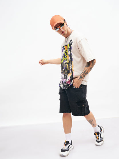 Men Black Utility Pocket Denim Shorts