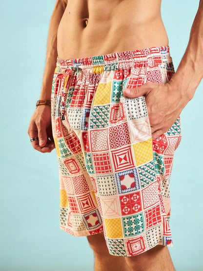 Men White & Red Conversational Print Relax Fit Short